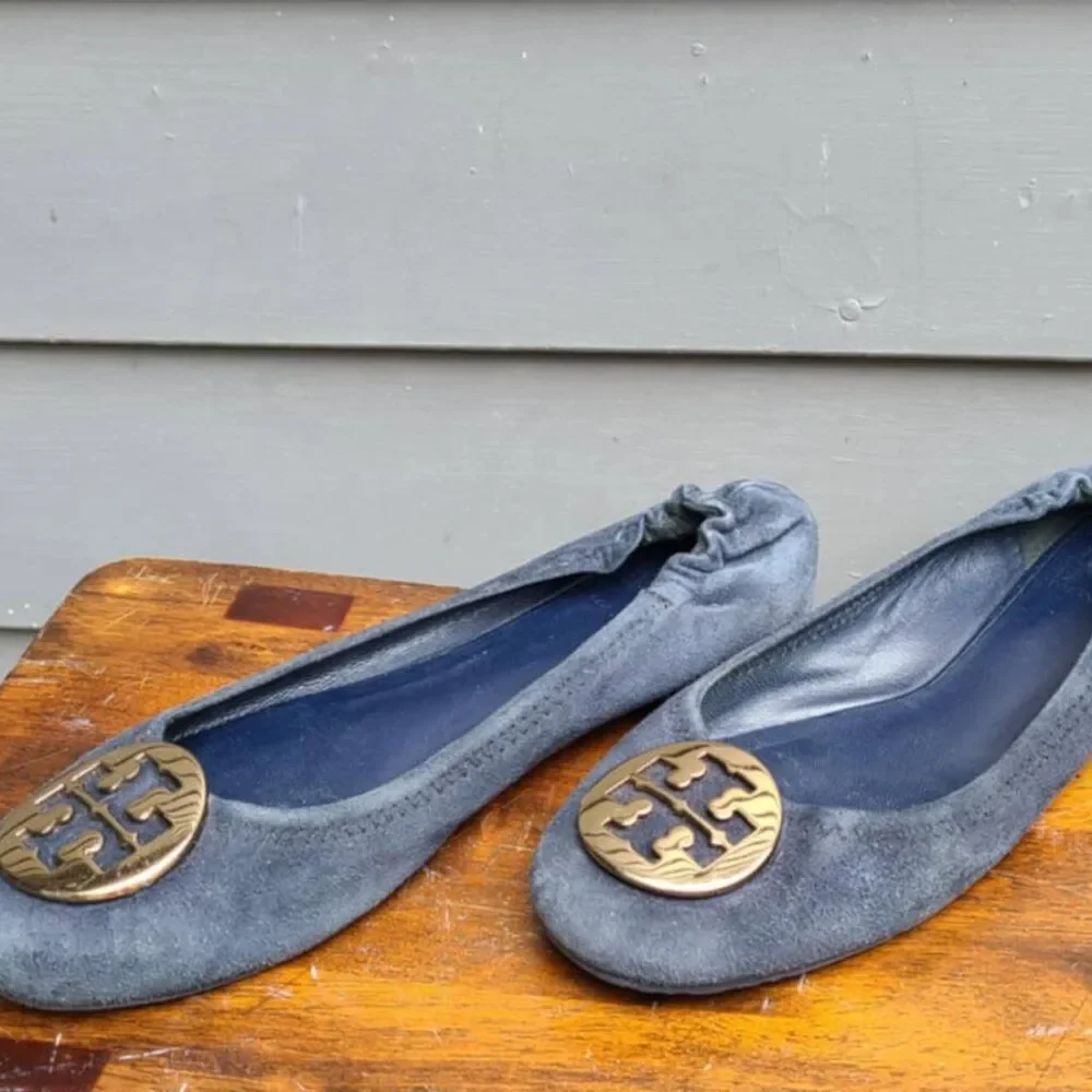 Tory Burch Navy Suede Reva Flats with Logo size 8